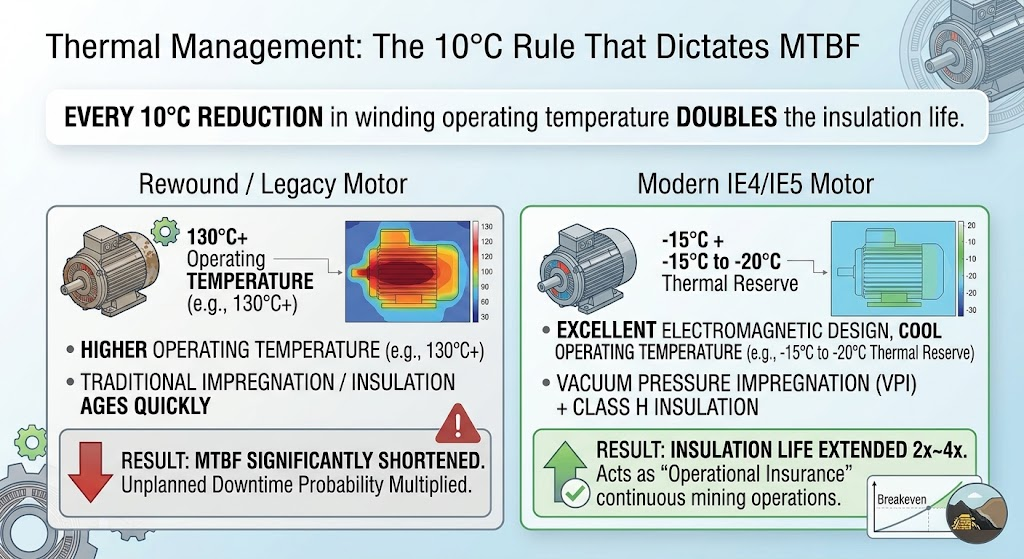 rewound/legacy motors run at 130°C+ with a thermal image showing hot spots and shortened MTBF, versus modern IE4/IE5 motors with 15-20°C thermal reserve, VPI and Class H insulation, extending insulation life 2x-4x.