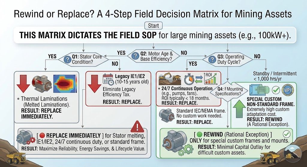 4-step decision flowchart for mining motor assets: checks stator core condition, motor age/base efficiency, operating duty cycle, and mounting specifications to determine whether to replace immediately or rewind, with replace recommended in most cases and rewind reserved for special custom frames.