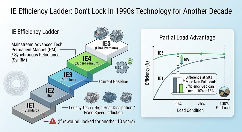 IE Efficiency Ladder infographic showing motor classes IE1 through IE5, with a warning that rewinding locks in outdated efficiency for 10 years, plus a partial-load chart showing IE5 outperforms IE1 by 10-15% at 50% load.