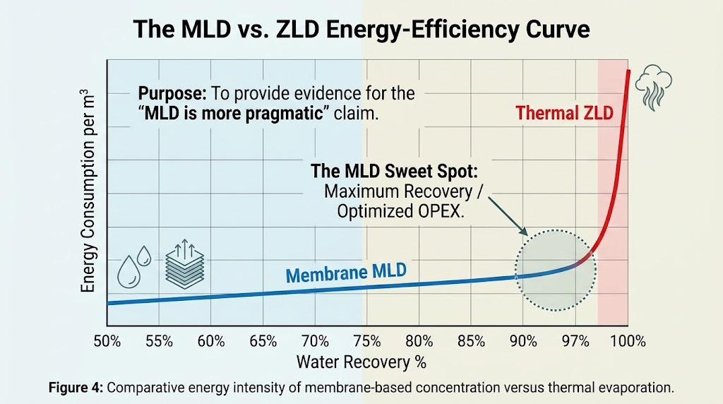 Energy efficiency graph comparing Minimal Liquid Discharge (MLD) and thermal Zero Liquid Discharge (ZLD).
