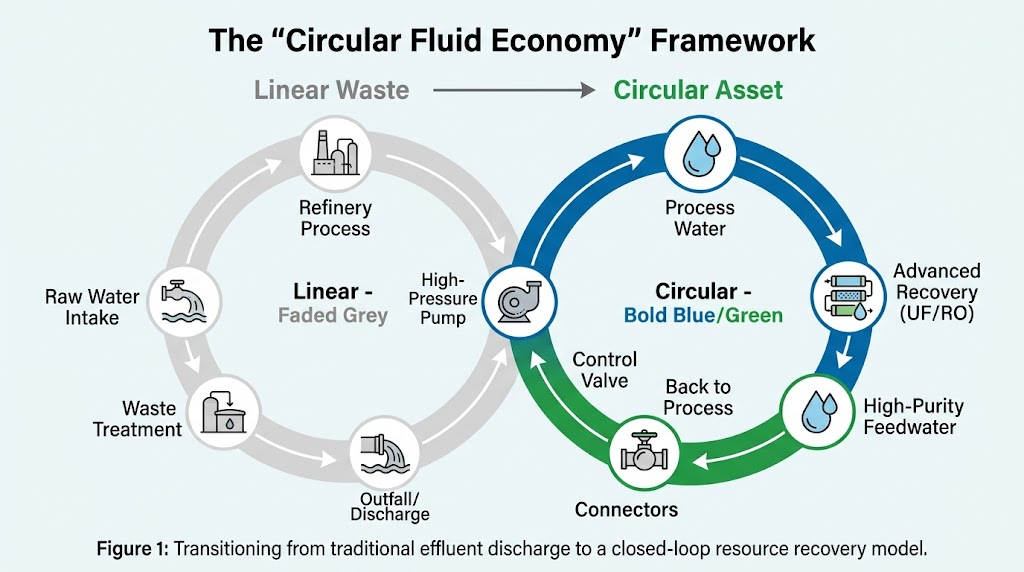 The Circular Fluid Economy framework diagram comparing linear wastewater discharge with a closed-loop UF and RO recovery model.