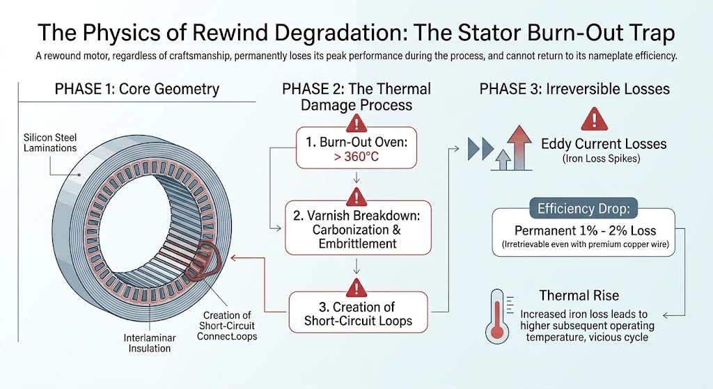 Infographic explaining why rewound electric motors permanently lose efficiency: stator core lamination diagram, thermal damage process above 360°C causing varnish carbonization and short-circuit loops, resulting in irreversible 1-2% efficiency loss from eddy current losses and thermal rise.