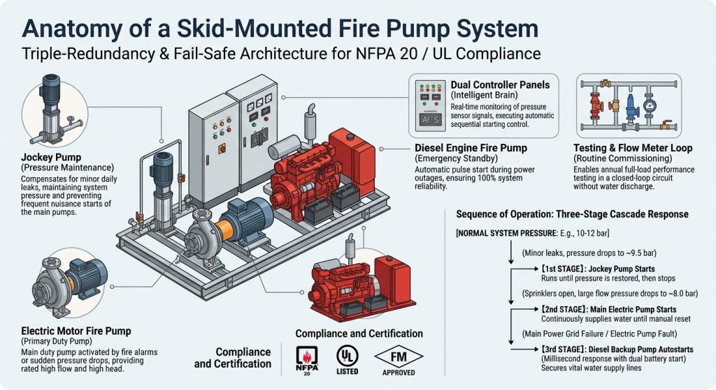 Isometric diagram of a skid-mounted fire pump system showing component callouts, compliance logos, and three-stage operation flow.