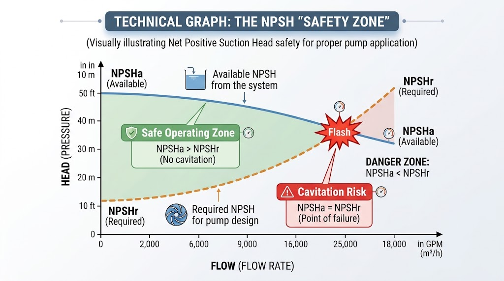 Technical graph comparing NPSHa vs NPSHr pump curves, highlighting the safe operating zone and cavitation risk threshold.